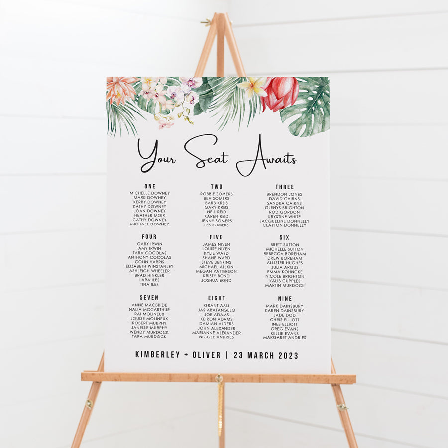 Modern wedding or event seating chart with tropical flowers. Seating Plan on foamboard designed and printed in Australia Peach Perfect.