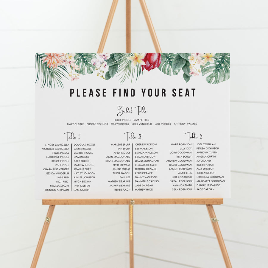 Modern wedding or event seating chart with tropical flowers. Seating Plan on foamboard designed and printed in Australia Peach Perfect.