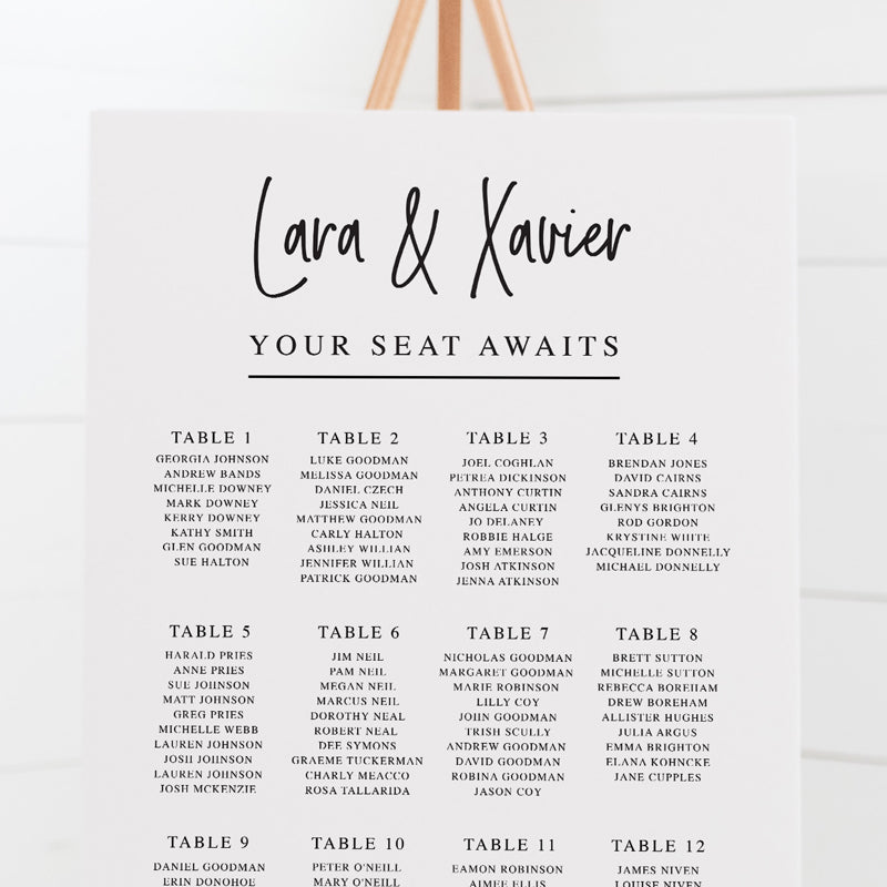 Modern wedding seating chart or guest seating plan. Modern script upright font with your seat awaits as heading. All colours can be adjusted.