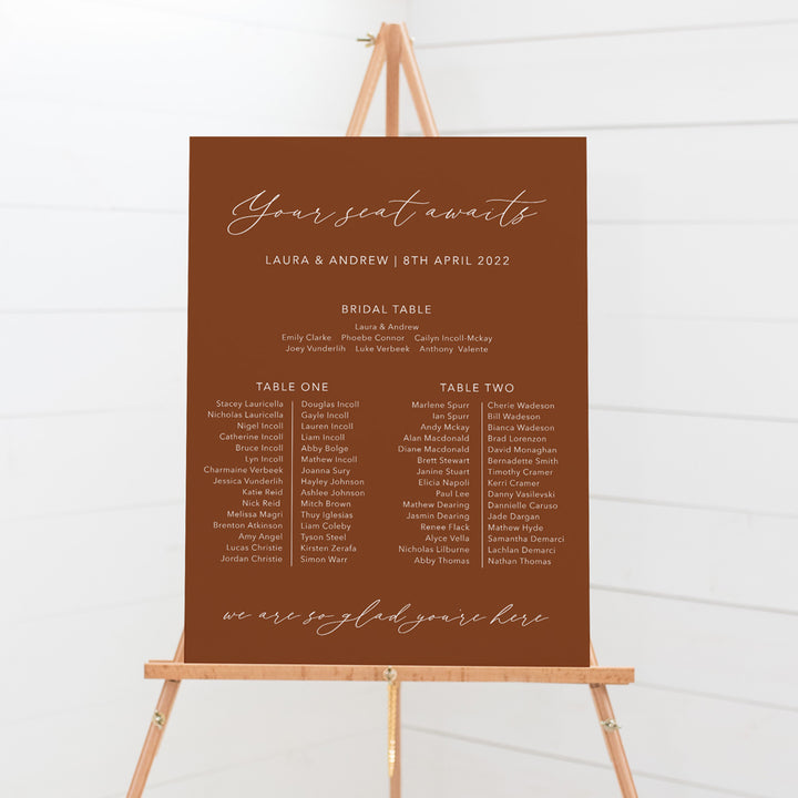 Boho wedding seating chart in terracotta and white colours. Your Seat Awaits. Peach Perfect Australia.