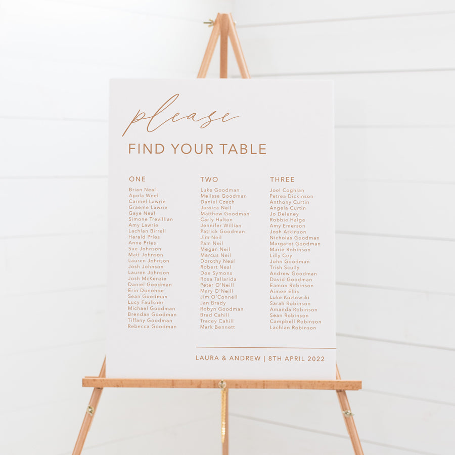 Modern wedding boho seating chart in cinnamon and white colours. Please find your wedding table heading. Peach Perfect Australia.