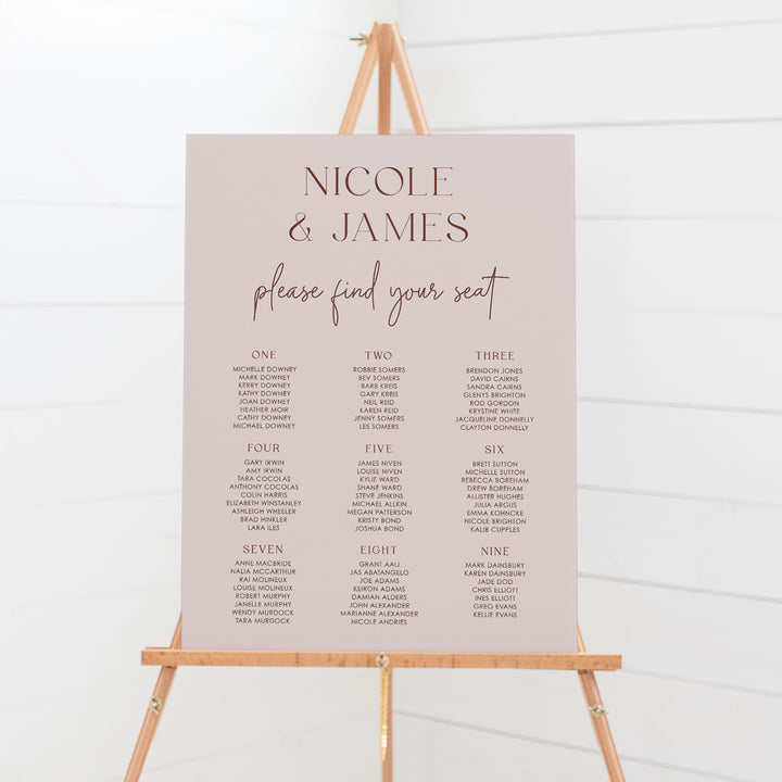Modern minimal wedding or event seating plan, designed for displaying on an easel. Printable seating charts Australia. Pink.