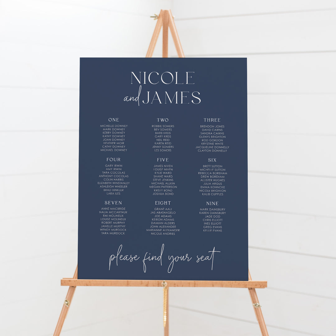 Modern minimal wedding or event seating plan, designed for displaying on an easel. Printable seating charts Australia. Navy blue an d white.