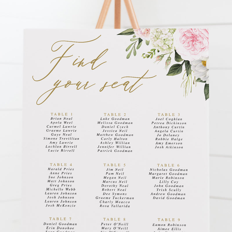 Floral wedding seating chart with pink and white flowers in the corner and gold calligraphy heading Find Your Seat.