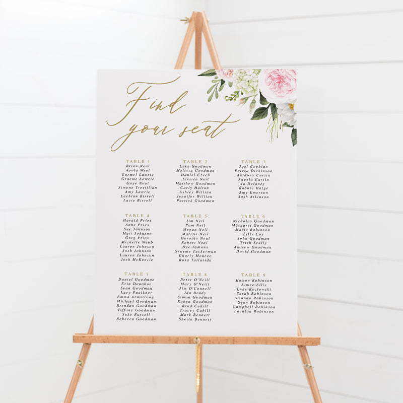 Floral wedding seating chart with pink and white flowers in the corner and gold calligraphy heading Find Your Seat.