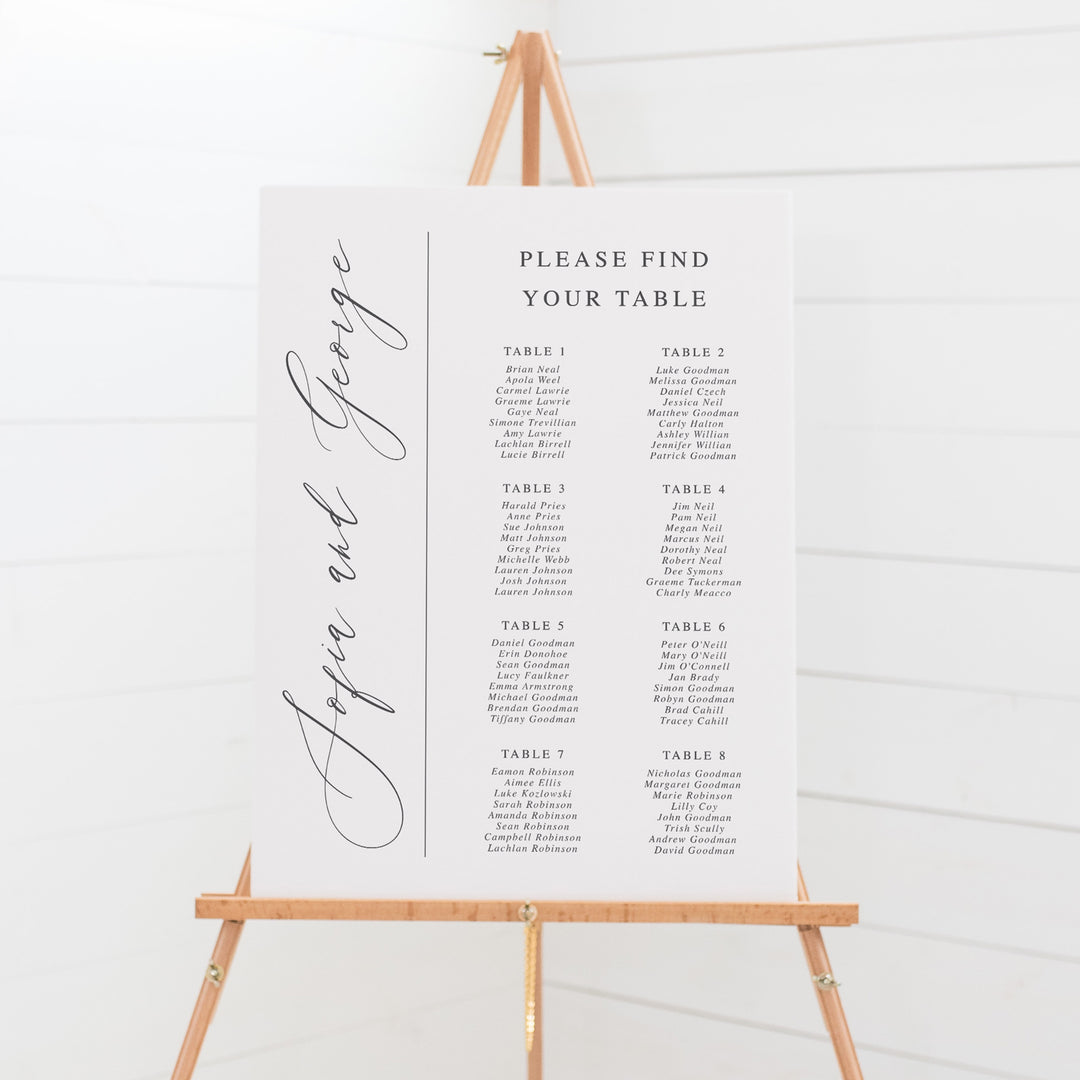 Wedding Seating Chart Charcoal Grey calligraphy font signboard on easel
