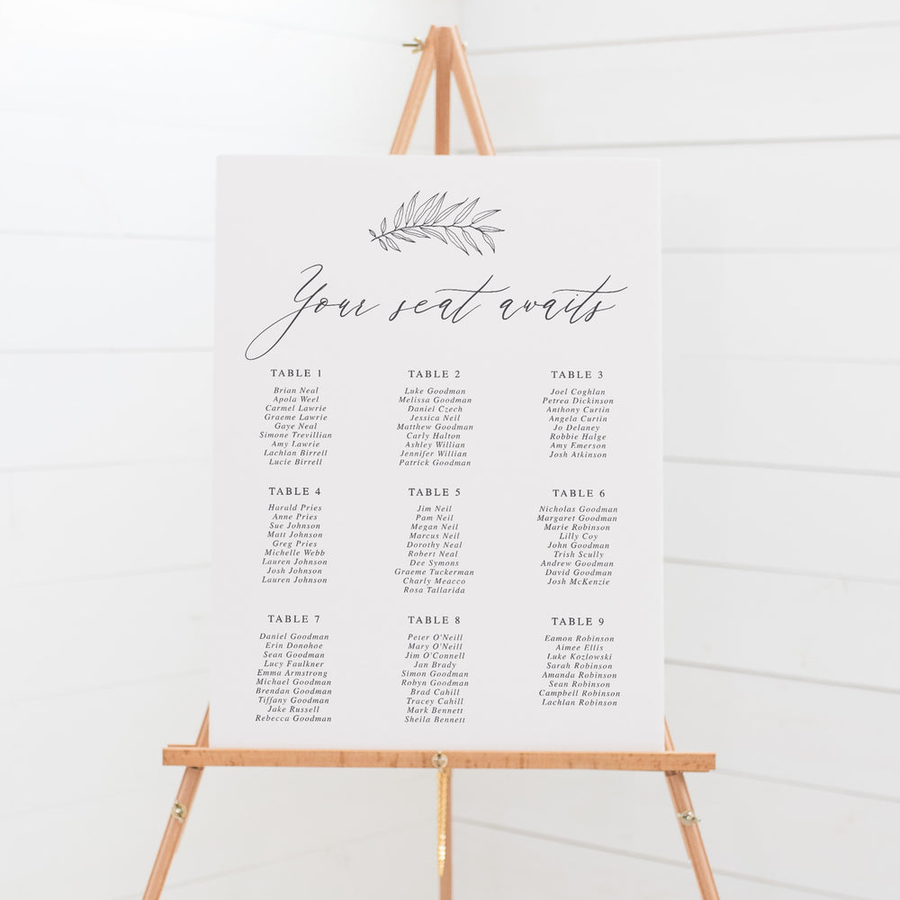 Wedding Seating Chart Charcoal Grey calligraphy font signboard on easel