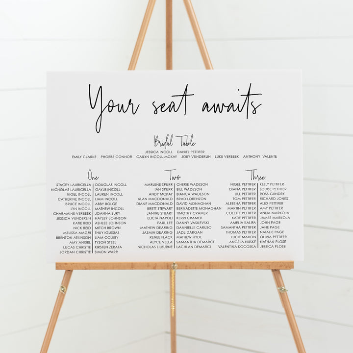 Wedding banquet seating chart three tables mounted to solid foamboard, professionally printed or printable wedding seating plans