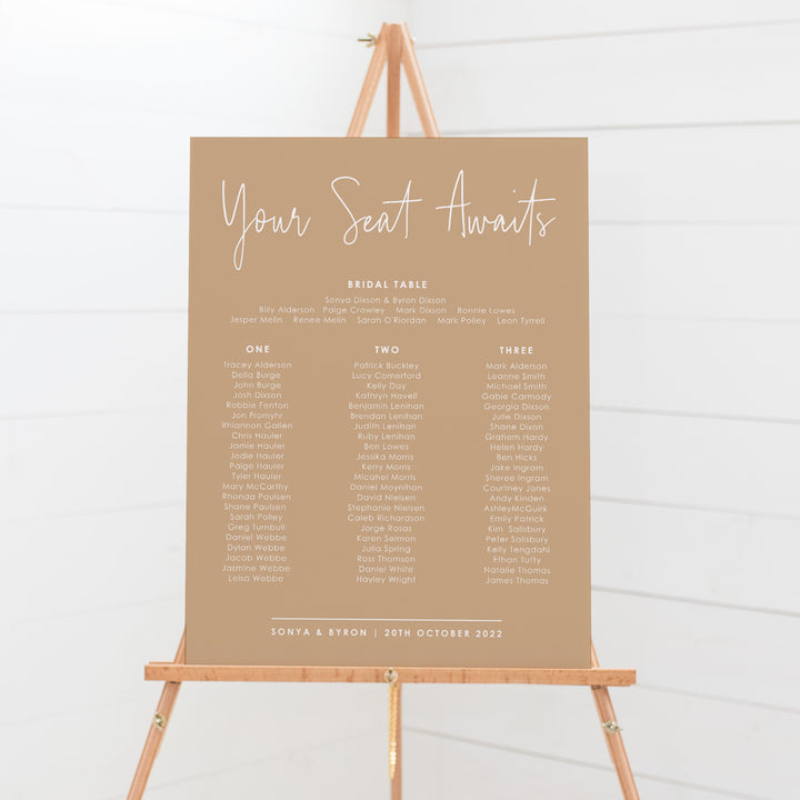 Cinnamon and white wedding banquet seating chart with three tables printed on smooth foamboard with delivery around Australia. Printable wedding seating plans Australia.
