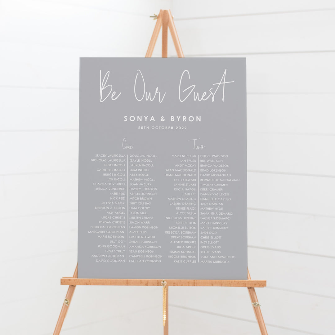 Grey wedding banquet seating chart with three tables printed on smooth foamboard with delivery around Australia. Printable wedding seating plans Australia.