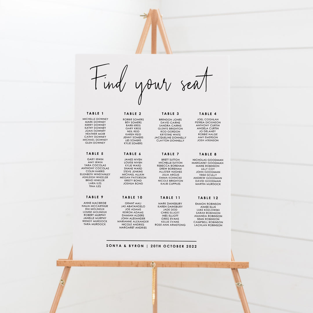 Black and white wedding seating chart with three tables printed on smooth foamboard with delivery around Australia. Printable wedding seating plans Australia.