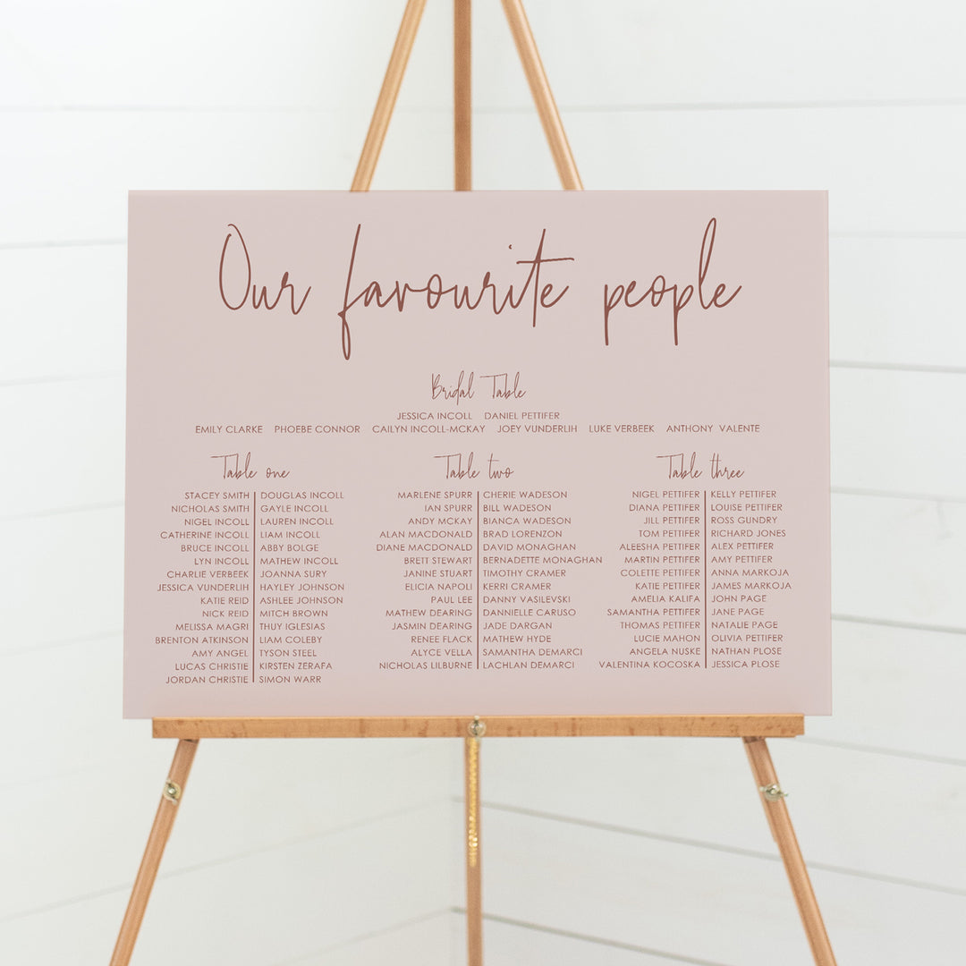 Dusty pink wedding banquet seating chart with three tables printed on smooth foamboard with delivery around Australia.  Printable wedding seating plans Australia.