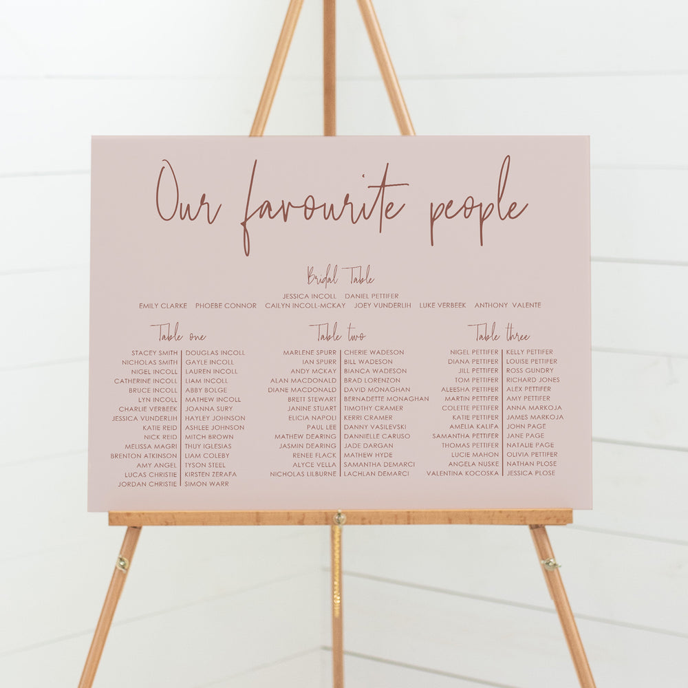 Dusty pink wedding banquet seating chart with three tables printed on smooth foamboard with delivery around Australia.  Printable wedding seating plans Australia.