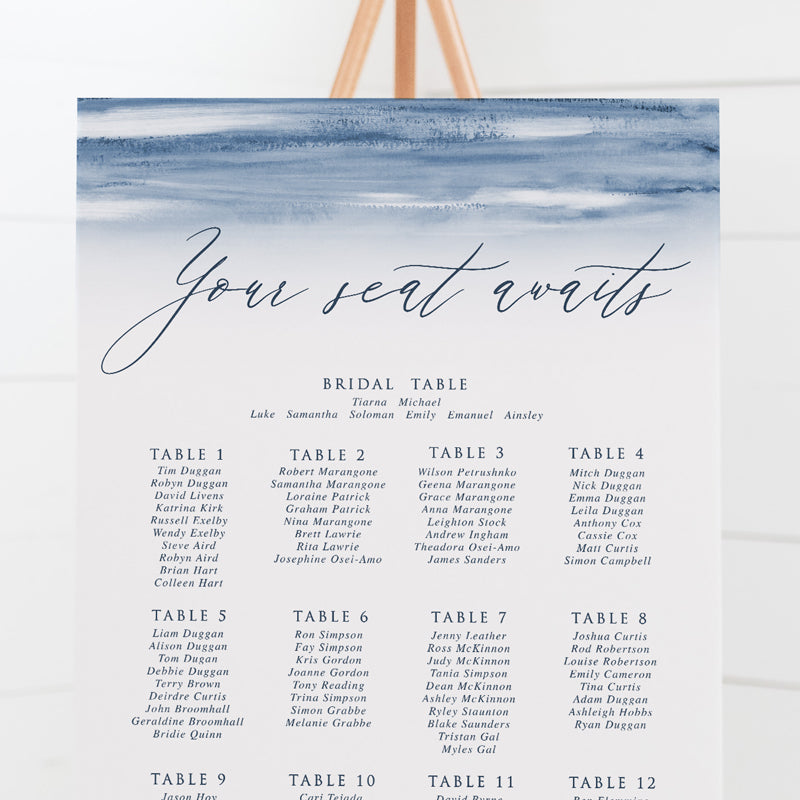 Wedding seating chart or guest plan with navy blue watercolour wash and modern calligraphy font