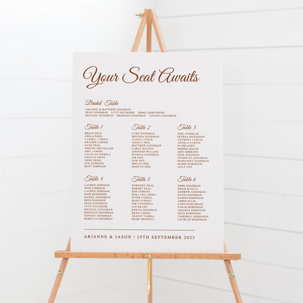Wedding seating chart, Timeless traditional design style. Harvest terracotta and white colours with Your Seat Awaits heading. Foamboard seating plan.