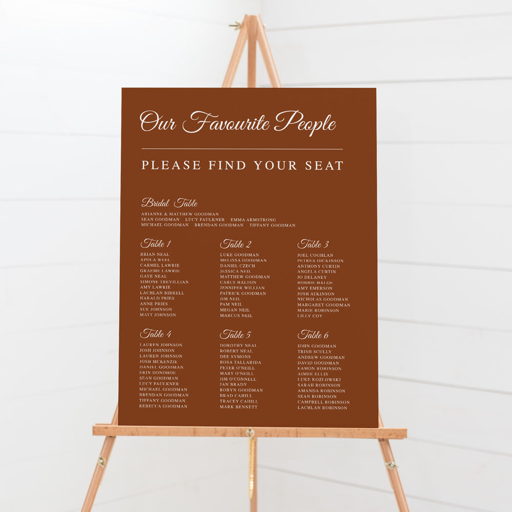 Wedding seating chart, Timeless traditional design style. Harvest terracotta and white colours with our favourite people heading. Foamboard seating plan.