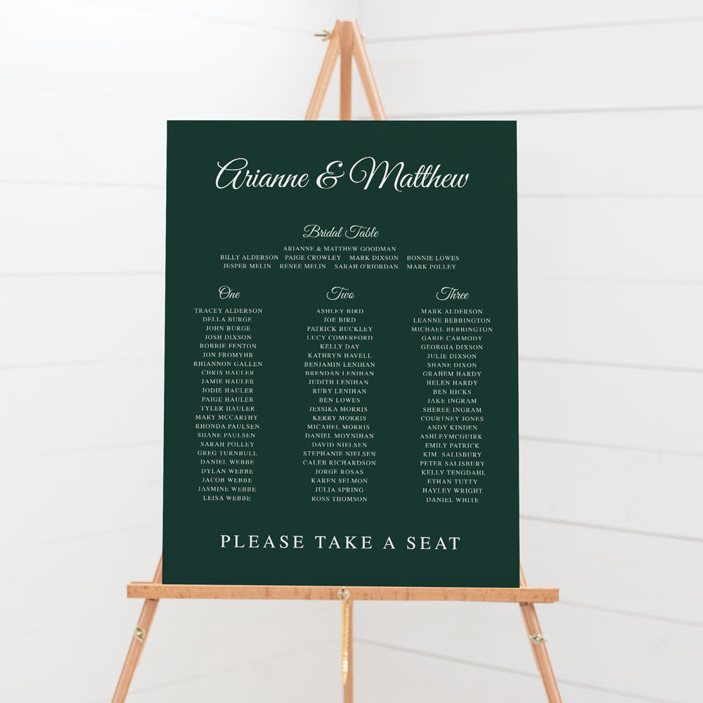 Wedding seating chart, Timeless traditional design style. Rustic green and white colours. Foamboard seating plan.