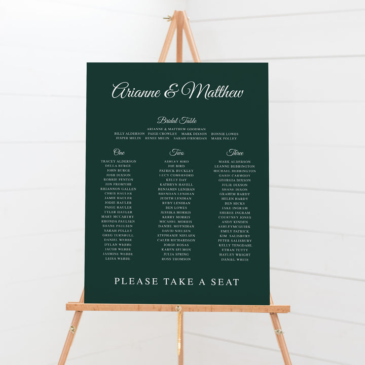 Wedding seating chart, Timeless traditional design style. Rustic green and white colours. Foamboard seating plan.