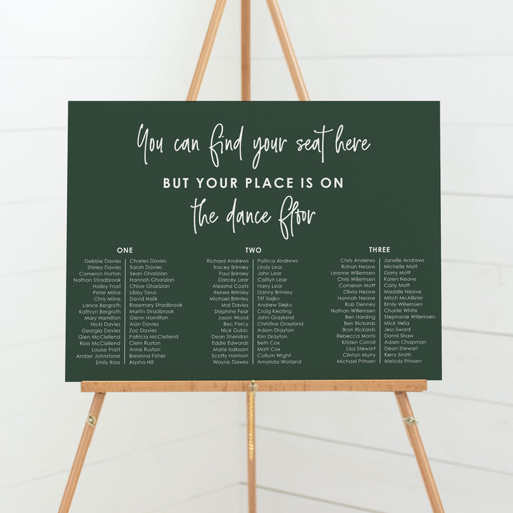Wedding seating chart in green and white. You can find your seat here but your place is on the dance floor heading, in banquet layout. Designed and printed in Australia or DIY seating plans Australia.