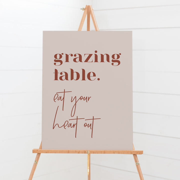 Wedding grazing table signboard, Modern block font and calligraphy font. Eat your heart out event sign.