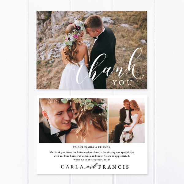 Modern wedding thank you card with three photos and modern calligraphy font