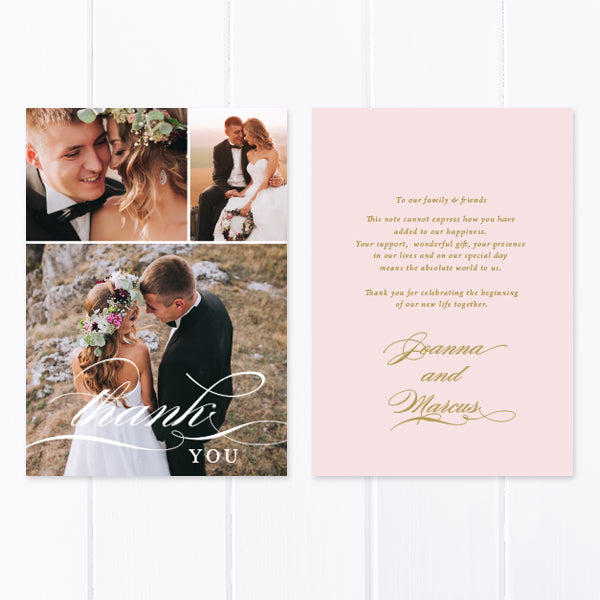 Photo wedding thank you card with three photos and personal printed message with traditional calligraphy font