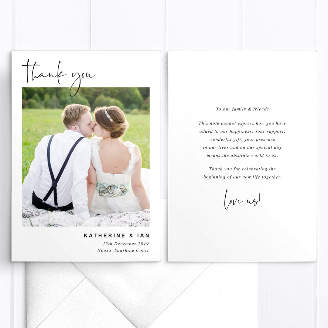 Modern minimal wedding thank you card with one photo and modern calligraphy font