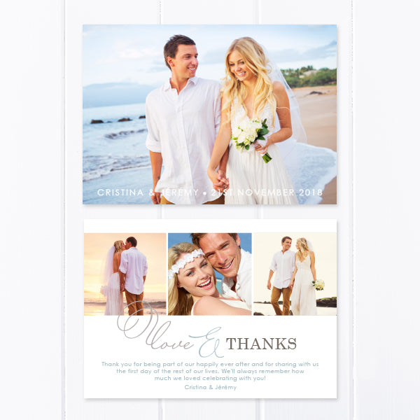 Modern wedding thank you photo card with four photos and modern calligraphy font