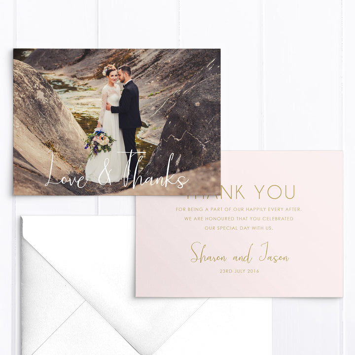 Modern wedding thank you photo card with one photo in blush pink and gold
