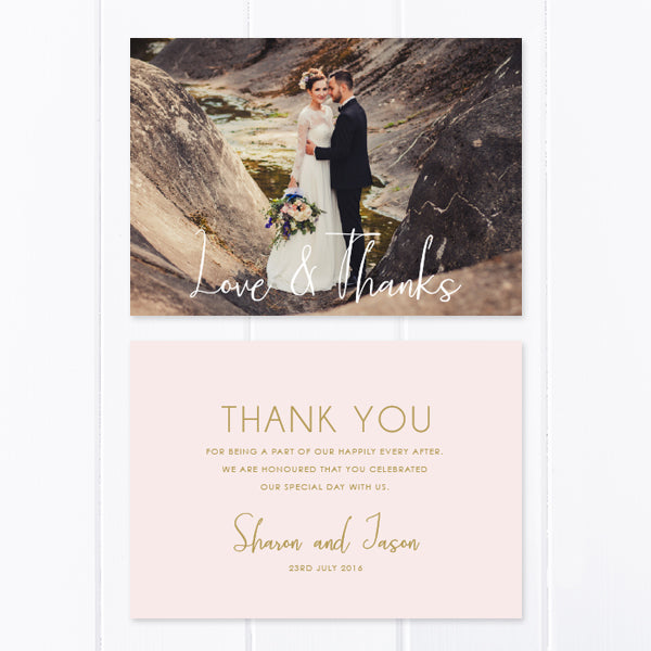 Modern wedding thank you photo card with one photo in blush pink and gold