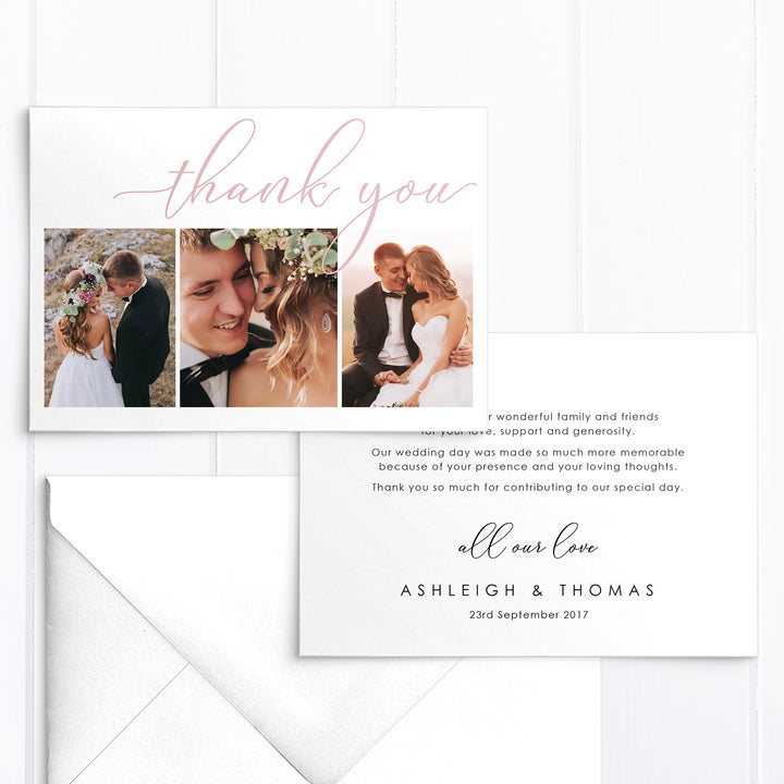 Modern wedding thank you photo card with three photos and calligraphy