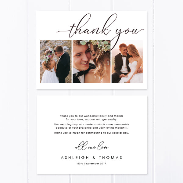 Modern wedding thank you photo card with three photos and calligraphy