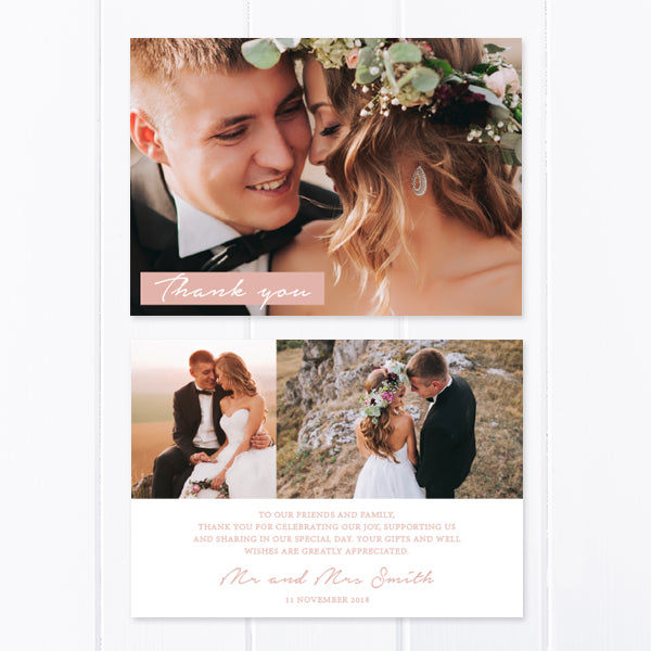 Modern wedding thank you photo card with three photos and handwritten script font