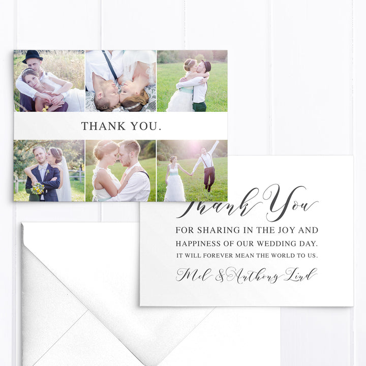 Modern wedding thank you photo card with six photos and calligraphy thank you message