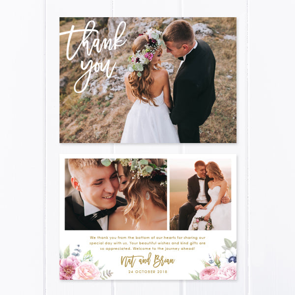 Wedding thank you photo card with three photos and beautiful corner florals with gold text