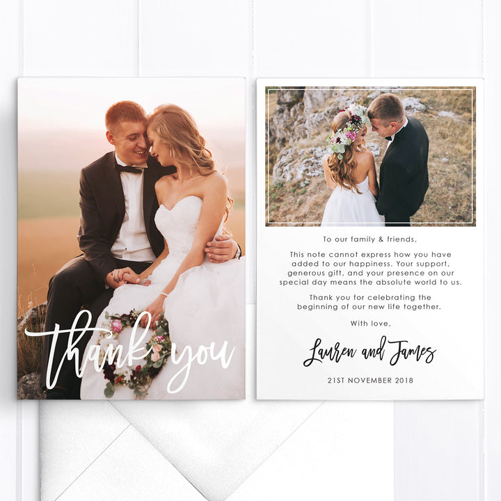 Modern wedding thank you cards with two photos, professionally printed or printable file