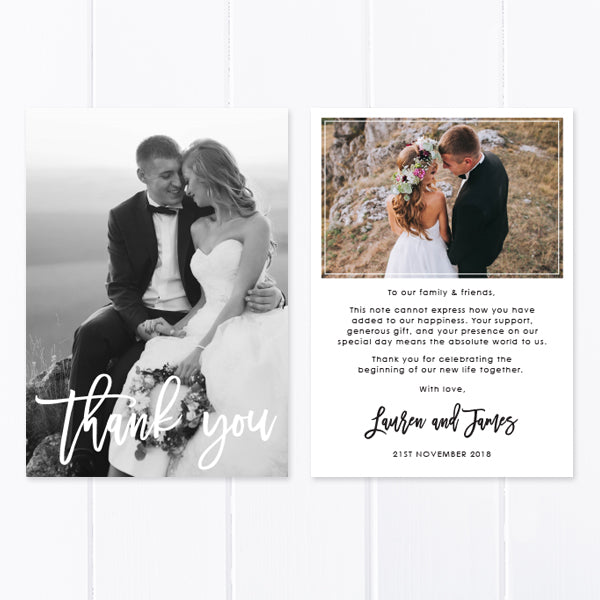 Modern wedding thank you cards with two photos, professionally printed or printable file