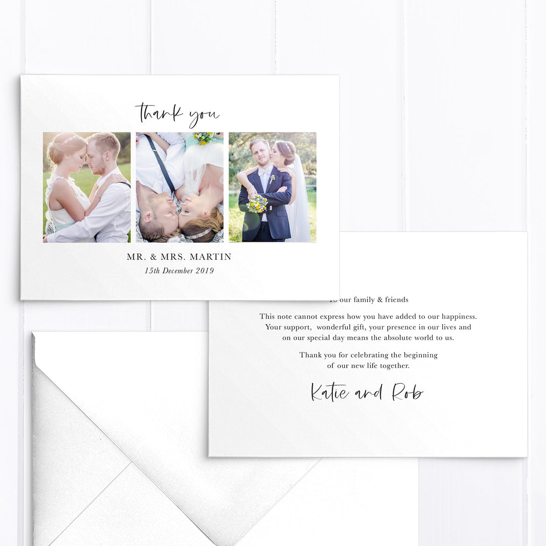 Photo wedding thank you card with three photos and personal printed message with modern handwritten font