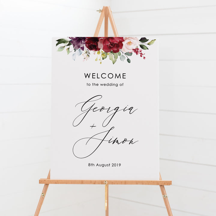Wedding or event welcome sign board with stunning deep red watercolour flower arrangement with a beautiful calligraphy font. 