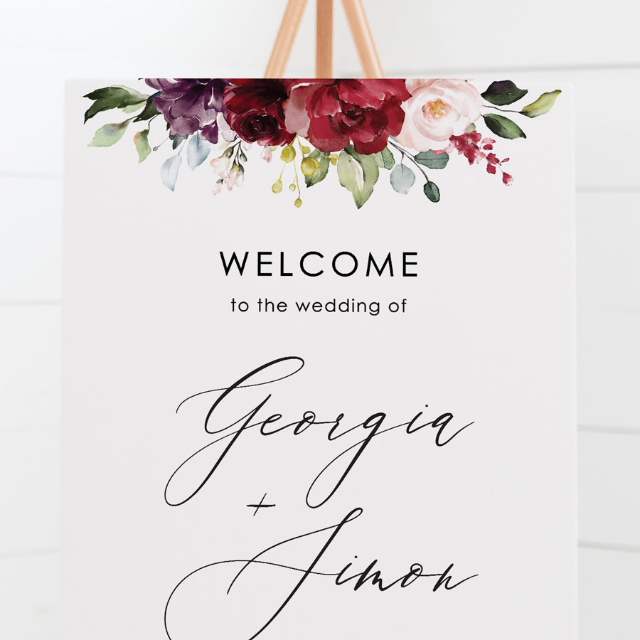 Wedding or event welcome sign board with stunning deep red watercolour flower arrangement with a beautiful calligraphy font.
