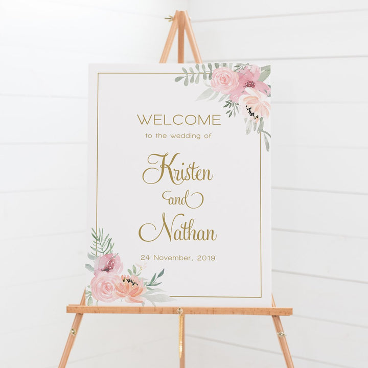 Wedding welcome sign board, pink watercolour florals and leaves, gold text