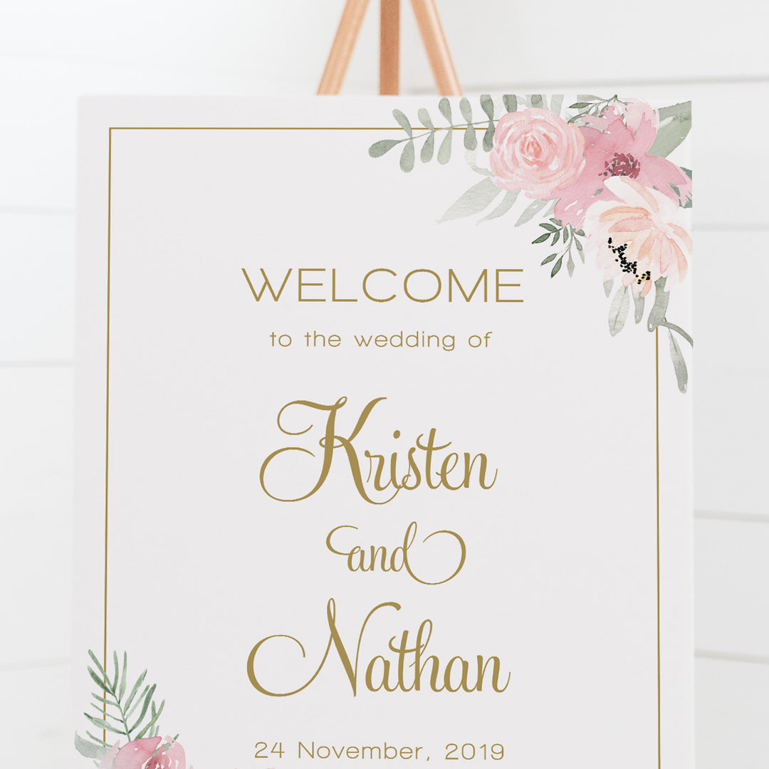 Wedding welcome sign board, pink watercolour florals and leaves, gold text