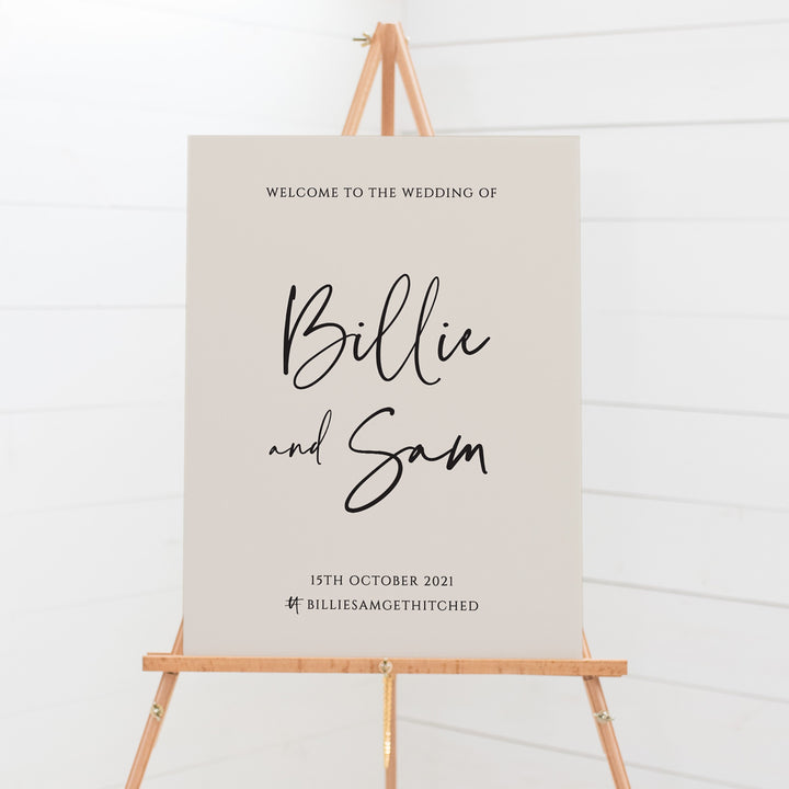 Modern wedding welcome sign in minimal style, funky font on almond background. Peach Perfect Australia.