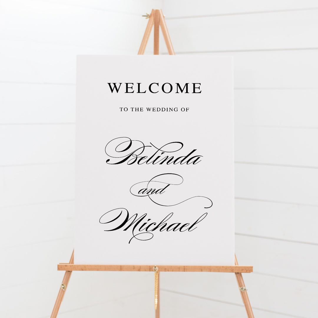 Wedding welcome sign board with traditional calligraphy, black and white