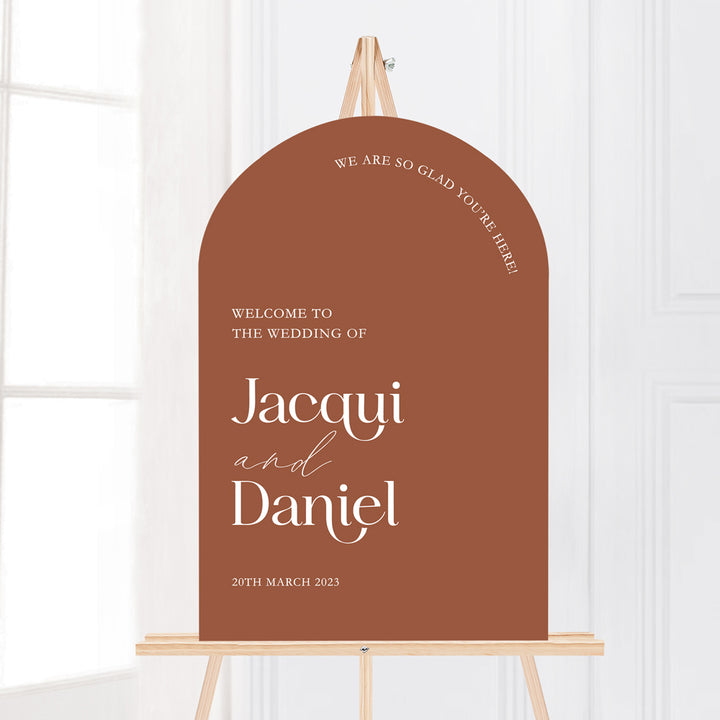 Arch wedding welcome sign, modern fonts in terracotta and white to sit on an easel.