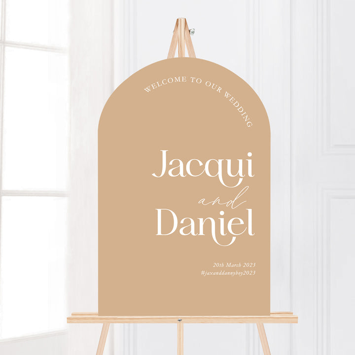 Arch wedding welcome sign, modern fonts in cinnamon and white to sit on an easel.
