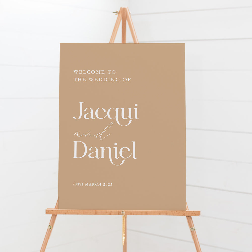 Wedding welcome sign, modern fonts in cinnamon and white to sit on an easel.