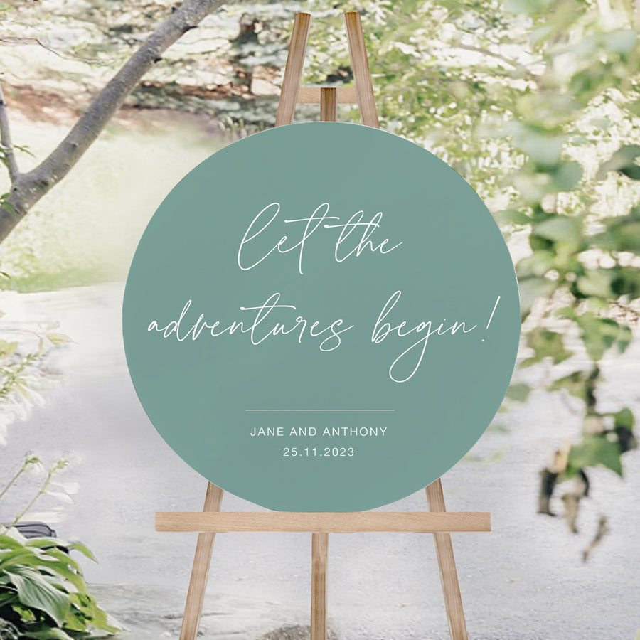 Modern wedding welcome sign in circular round shape. Let the adventures begin. Jade wedding sign. Foamboard or acrylic.