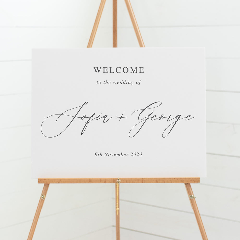 Wedding welcome sign board, hand drawn leaf, calligraphy font