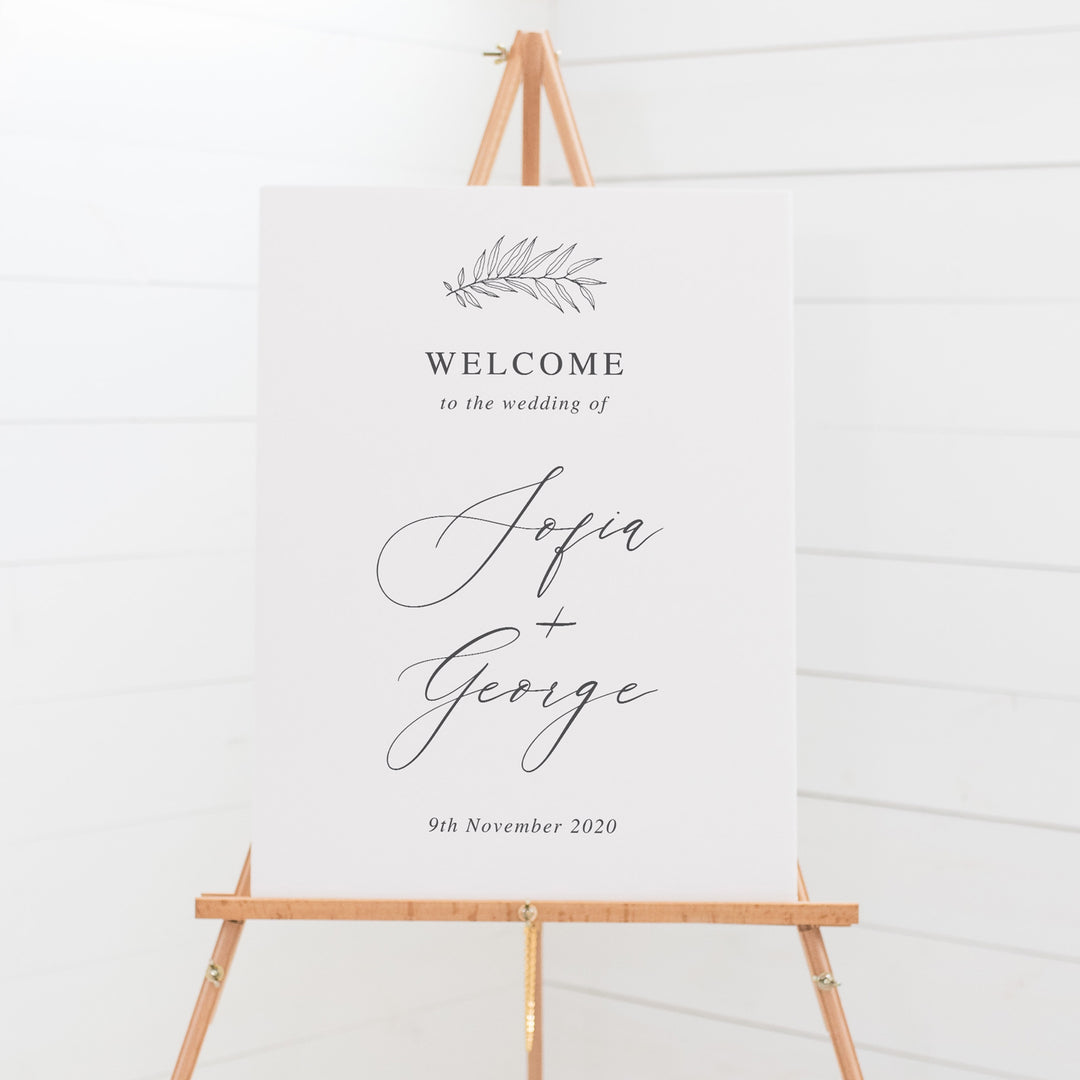 Wedding welcome sign board, hand drawn leaf, calligraphy font